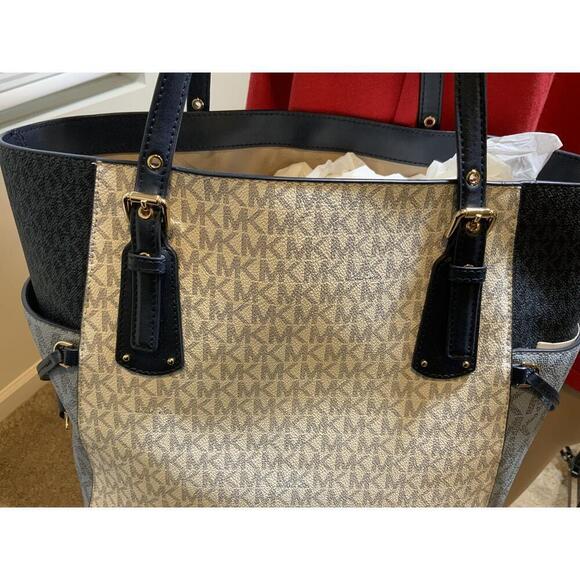 Michael Kors Blue Leather Logo Print Tote Handbag Dual Handles Sz 11x11 Luxe Bag - Picture 3 of 14